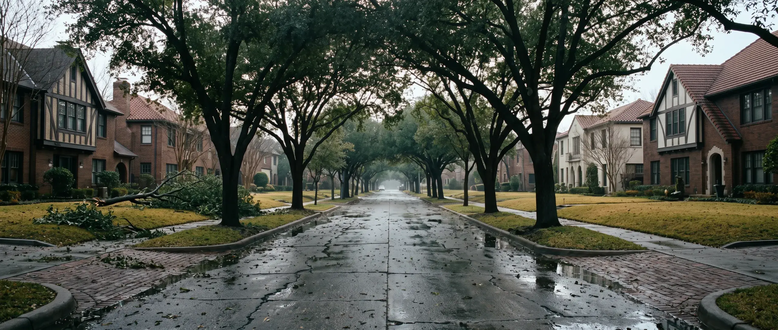 The same East Dallas street the morning after the storm, wet pavement and a fallen limb on a lawn.