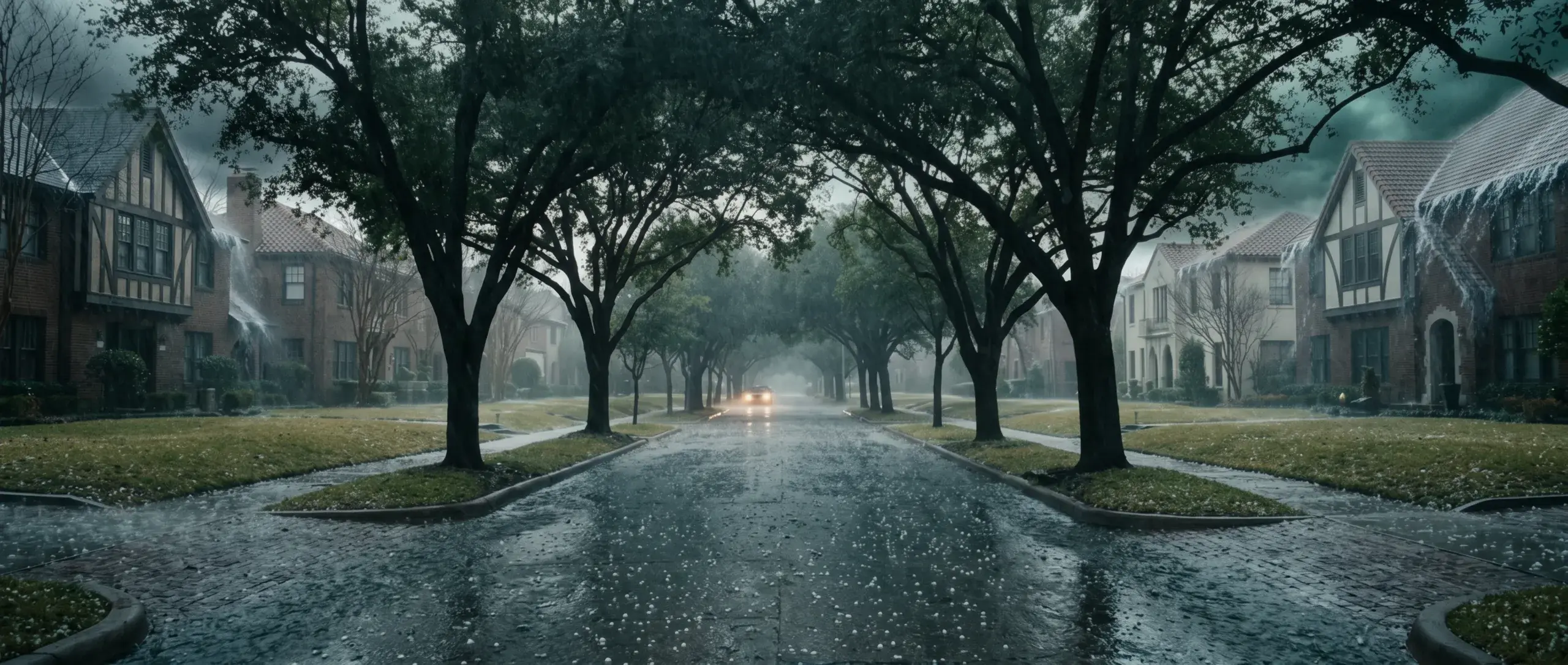 The same East Dallas street during a North Texas hailstorm, hail scattered across wet pavement.
